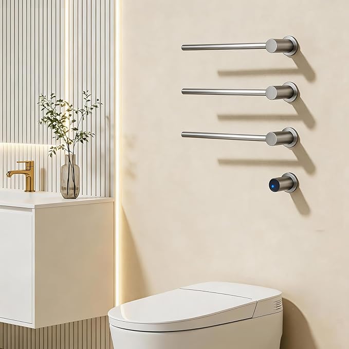 Electric Towel Warmer Concealed, Swivel Heated Towel Rack for Bathroom, Built-in Modular Electric Towel Rack with Timer, Thermostat, LED Display, 3 Bar 180° Rotation, Hardwired