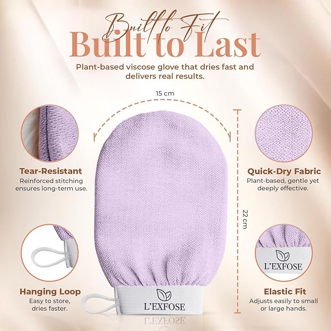 L'Exfose Kessa Hammam Deep Exfoliating Glove 4pc - Korean Exfoliating Mitt for Shower Ideal for Dead Skin Remover, Keratosis Pilaris & Self-Tanning to Improve Skin Tone Made with 100% Natural Viscose