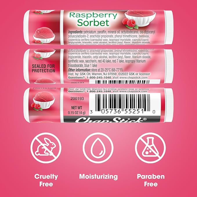 ChapStick Lip Moisturizer, Raspberry Sorbet, 12-Pack – Bulk Lip Balm, Luscious & Sweet, 0.15 Oz Ea