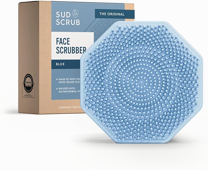Sud Scrub® Antimicrobial Silicone Face Scrubber, 1 Pack, Gentle Face Exfoliator for Sensitive Skin, Eco Friendly Facial Cleansing Brush, Exfoliating Face Brush for Men and Women (Blue)