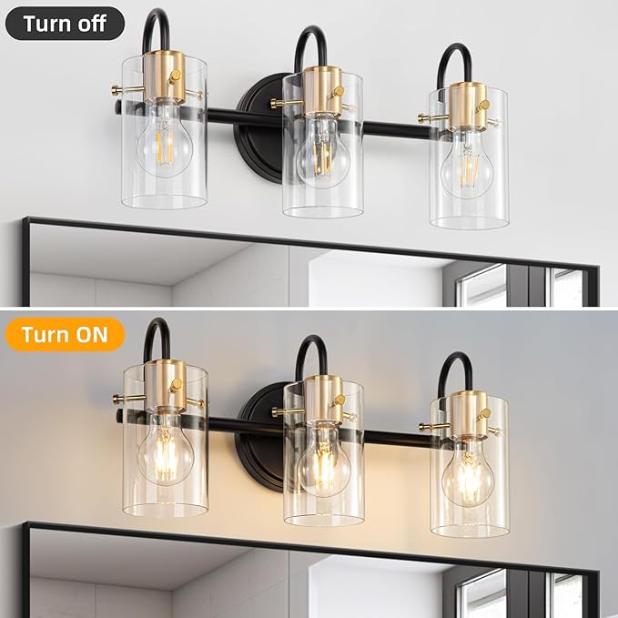 3 Light Bathroom Vanity Light, Black and Gold Bathroom Wall Light Fixtures with Clear Glass Shade, Modern Wall Sconces Wall Lamp over Mirror Kitchen Living Room Bedroom Hallway Cabinet