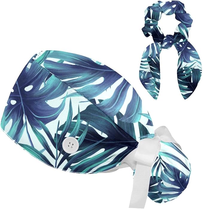 Adjustable Brown Dachshund Dog Blue Surgical Scrub Cap with Button,Sweatband for Women with Bow Hair Scrunchy