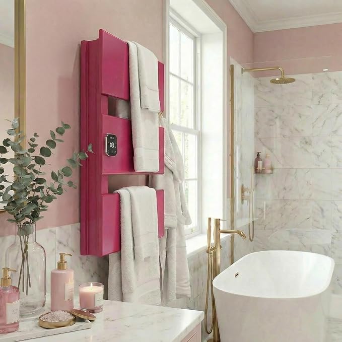 Electric Towel Warmer, Heated Towel Rack with Thermo Control and Timer, Fast Heating Towel Rail for Bathroom with Memroy Function, Work with Smart Plug, Left-Wiring, 3 Panel, Pink
