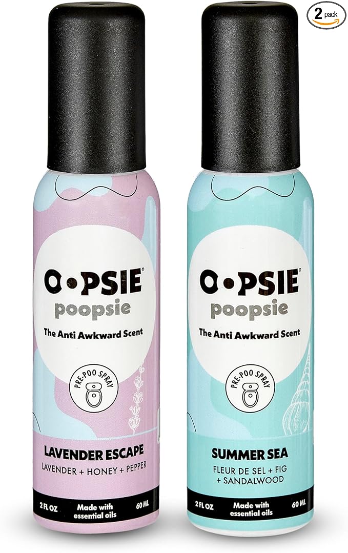 Oopsie Poopsie Toilet Spray – Before & After You Go Bathroom Odor Eliminator & Neutralizer Spray, Travel Size with Essential Oils, TSA Approved – Lavender Scape/Summer Sea 2 Pack – 2 Oz.