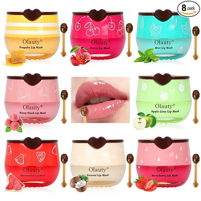 8Pcs Bee Lip Balm Honey Pot, Lip Mask Skincare, Strawberry, Watermelon, Apple Lime, Cherry, Mint, Coconut, Peach, Moisturizing Honey Balm Bulk Gifts, Mothers Day Gifts, Teacher Appreciation Gifts