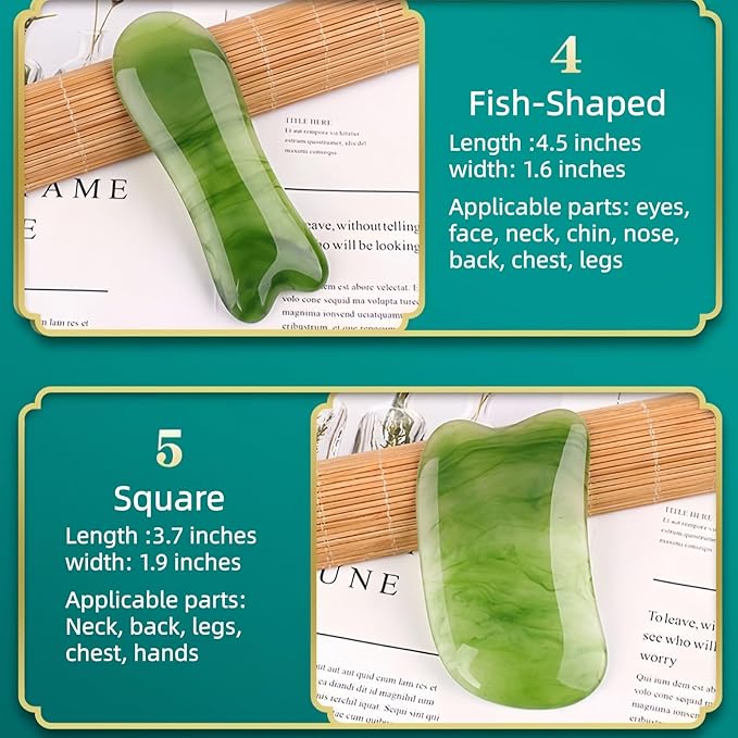 Gua Sha Scraping Massage Tool, GuaSha Facial Set, Natural Resin GuaSha Massage Tools for Rejuvenate Skin Anti-Wrinkle Anti Aging (Green, Muscle Plucking Stick)