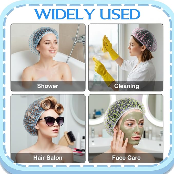 6PCS Shower Caps, Waterproof Reusable Plastic Shower Caps Elastic Band Flower Printed Hair Cap Bath Hair Hat for Women Ladies Spa Salon (Red+Green+Blue)