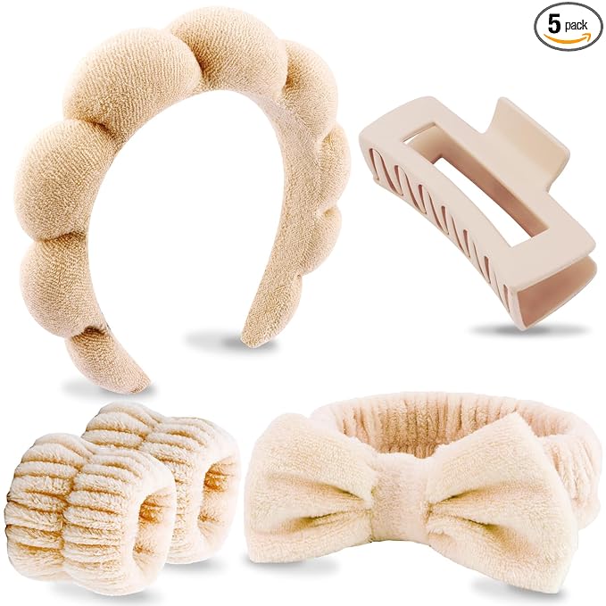 VELSCRUN Spa Headbands for Wash Face, Makeup Headband, Facial Skincare Headbands, 5 Pcs Khaki Puffy Sponge Spa Headband Bow Tie Hair Band Hair Clips Wristband Set Women Girls Accessories