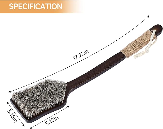 Back Scrubber Shower Brush,Dry Brushing Body Brush with 17.7 Inch Curved Long Handle, Natural Bristles for Lymphatic Drainage, Soft & Stiff Bristles Available (Natural Fiber, Stiff)