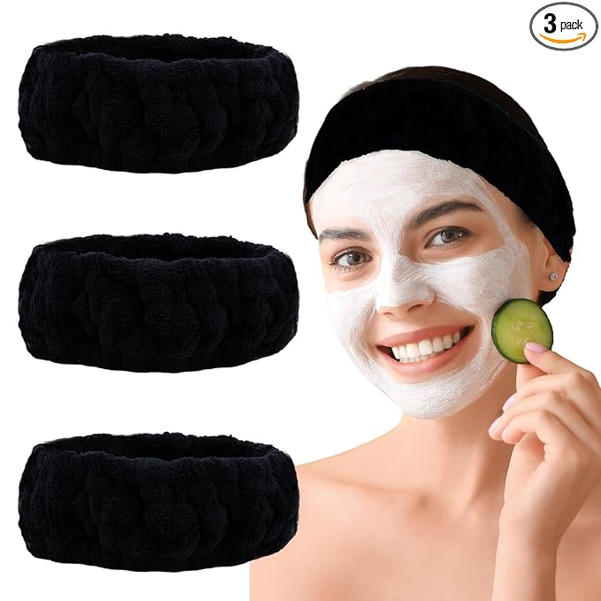 Microfiber Spa Headband 3-Pack, Soft Terry Cloth Headband for Washing Face, Facial Mask, Makeup, Shower, Yoga, Gift for Women and Teens (Black x3)
