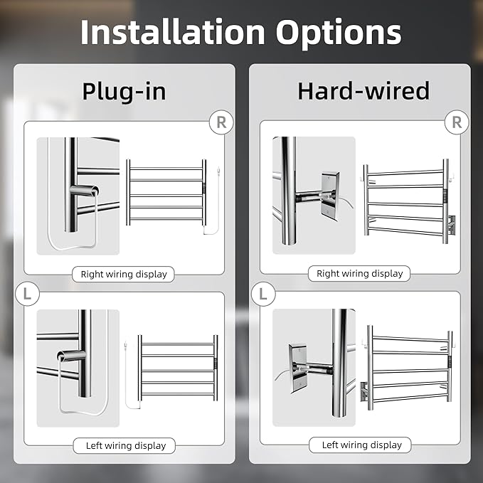 P&Dlusir Towel Warmer, Heated Towel Rack with Smart Timer and Thermo Control, Wall-Mounted Heated Towel Rail, Stainless Steel, Hard-Wired/Plug-in, Polished, 5 bar