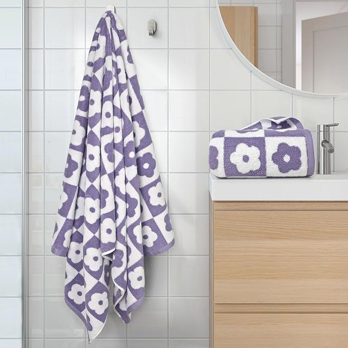 Jacquotha 2-Pieces Luxury Bath Towels Checkered Floral, Purple Towels for Women Girls Shower Body 27.5x55 Inches, Cute Bathroom Decor, Cotton