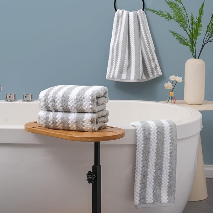 VOOVA & MOVAS Bathroom Hand Towels, 4PC 16"x27" - 100% Cotton | Soft | Quick Dry | Absorb | Lightweight, Waffle Striped Bathroom Hand Towels Decorative Set, Gray and White Towel Gift Set
