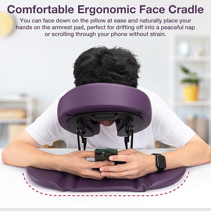 Udefineit Face Down Tabletop Massage Kit, Adjustable Headrest Face Cradle with Hand Rest Pad, Universal Desktop Home Mattress Massage Cradle with Soft Pillow for SPA Chair Bed Office Desk - Purple