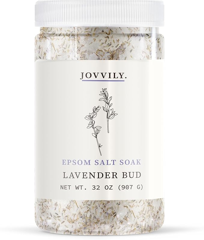 Jovvily Epsom Salt Soak with Lavender Buds & Lavender Essential Oil - 2 lb - Always Pure - Magnesium Sulfate Soaking Solution