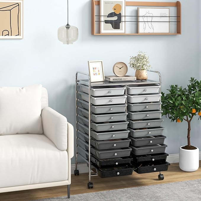 Giantex 20 Drawers Rolling Cart, Mobile Storage Drawer Cart, Classroom Organizer Cart for Office School Supplies Teacher Tools Paper Craft Small Printer, Utility Cart on Wheels, Gradient Grey