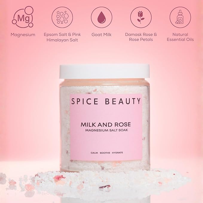 Goat Milk & Rose Magnesium Salt Soak | Epsom & Magnesium Bath Soak for Muscle Relaxation | Skin Soften & Deeply Nourish, Skin Hydration & Boosts Elasticity | Salt Soak | 9 oz