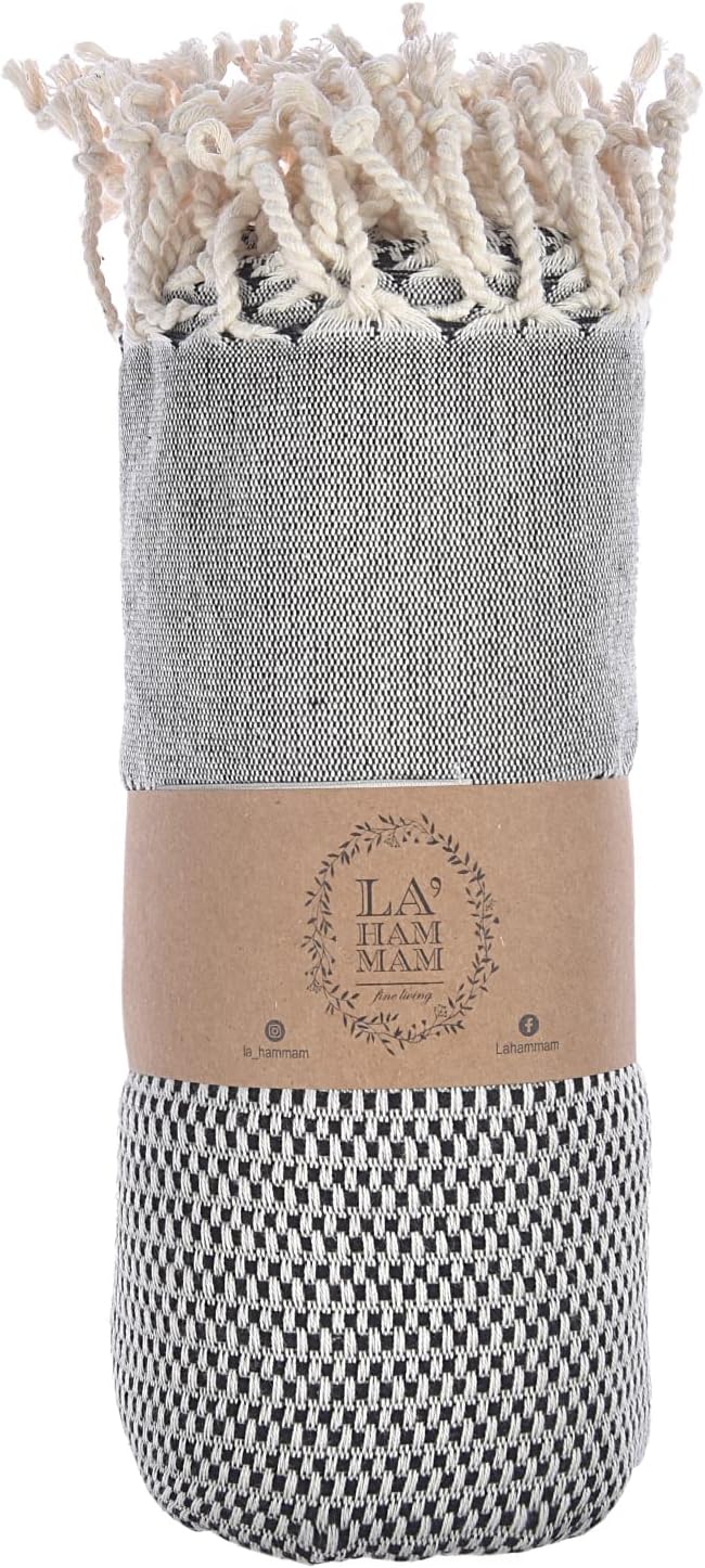 Beach Towel | Cotton Beach Towels, Easy to Carry, Sand Free, Highly Absorbent, Quick Dry, Turkish Towels for Travel Camping Bath Sauna Beach Gym Pool Yoga SPA by Lahammam, Akasya, Black