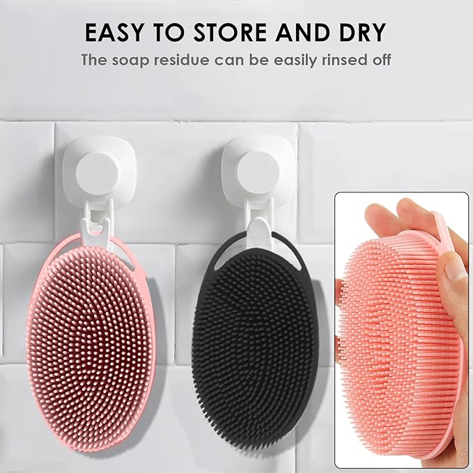 RamPula Silicone Body Scrubber, Silicone Loofah, Quick-Dry Exfoliating Body Brush for Wet or Dry Brushing, More Hygienic Than Traditional Loofah, Long-Bristle Brush, Navy Blue and Pink