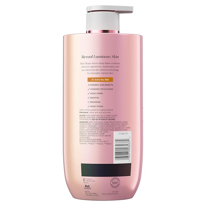 Olay Super Serum Body Wash for Extra Dry Skin, 24hr Long Lasting Hydration, 5+ Ingredient Complex for Bright Even Firm Luminous Skin, 28 fl oz