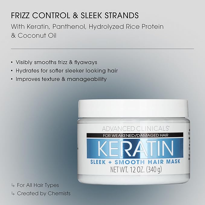 Advanced Clinicals Keratin Hair Mask Treatment, 12 Fl Oz (2-Pack), For Color Treated Hair, Detoxifying + Fortifying Repair Conditioner with Shea Butter, Helps Strengthen Broken Hair