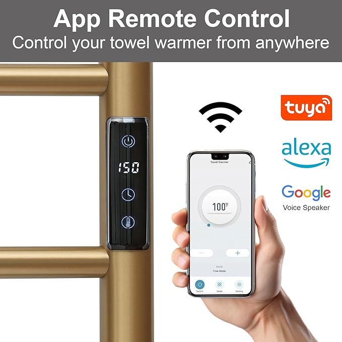 Electric Towel Rack with Voice Control for Alexa & Google Home,TUYA - Wall-Mounted Bathroom Heating Towel Warmer,Plug-in,Stainless Steel Material,16.54x23.62x5.51 in,Gold，4 Bars
