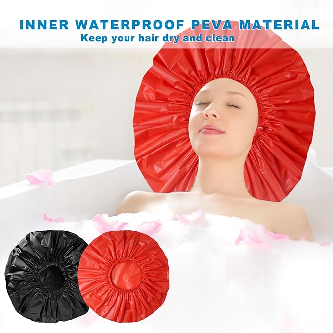 Jumbo Size Shower Cap 2 PCS Waterproof Shower Caps for Women, Extra Large Shower Cap, Reusable Super Large Bath Caps Hair Cap for Long Thick Curly Hair, Locs, Twist Braids - Black+Red