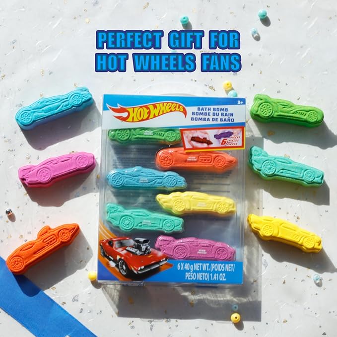 Hot Wheels 6 Piece Bath Bombs for Kids, Bubble Gum Scented, Bath Toys for Kids, Ages 3+, by Townley Girl