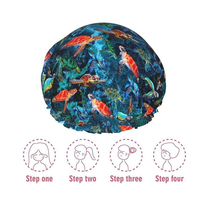 Sea Turtle Shower Cap For Women Adjustable Double Waterproof Layers Bathing Bath Cap Hair Protection Reusable Ladies Spa Salon Shower Hat