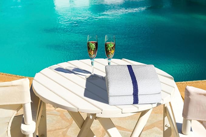Avalon Towels 100% Cotton Pool Towels White Beach Towels Blue Stripe Pack of 12 (22x44 Inches) - Quick Drying, Highly Absorbent & Lightweight for Commercial Use for Hotels, Motels, Beaches & Poolside