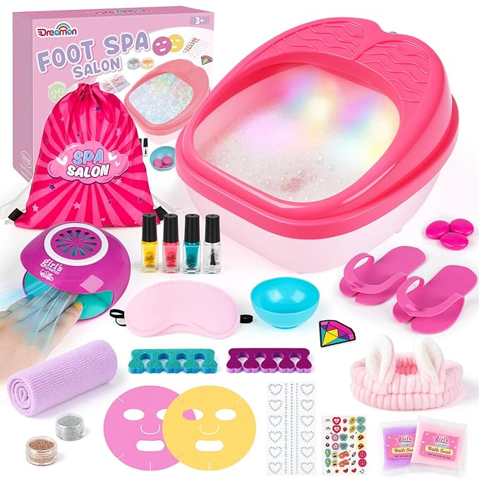 Dreamon Kids Foot Spa & Nail Kit Set - 25 Pcs Kids Spa Day Kit with Middle Size Rainbow Light Massage Foot Soak Tub - Manicure Pedicure Art Salon Girl Stuff - Christmas Birthday Gift for 3-12 Year Old