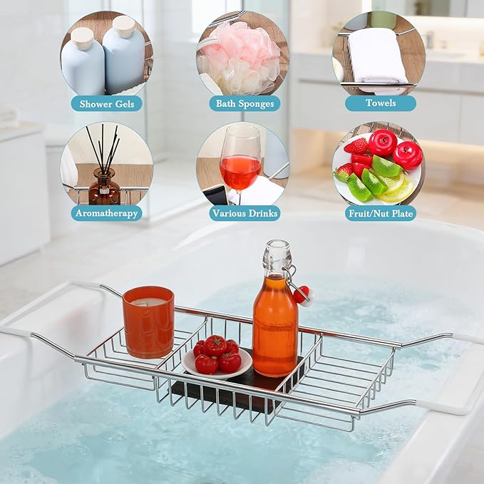 Cabilock Stainless Steel Expandable Bathtub Tray, Chrome Polished Telescopic Bath Tub Shelf, Bathroom Organizer for Soap, Shampoo, Phone and Sundries
