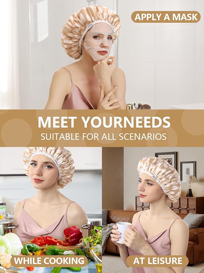 Years calm Terry Lined Shower Cap, Triple Layer Heart Motifs,Waterproof Reusable Elastic,Hair Shower Cap for Women,Terry Cloth Shower Caps for Spa,Clean,Trave (Beige, One Size)