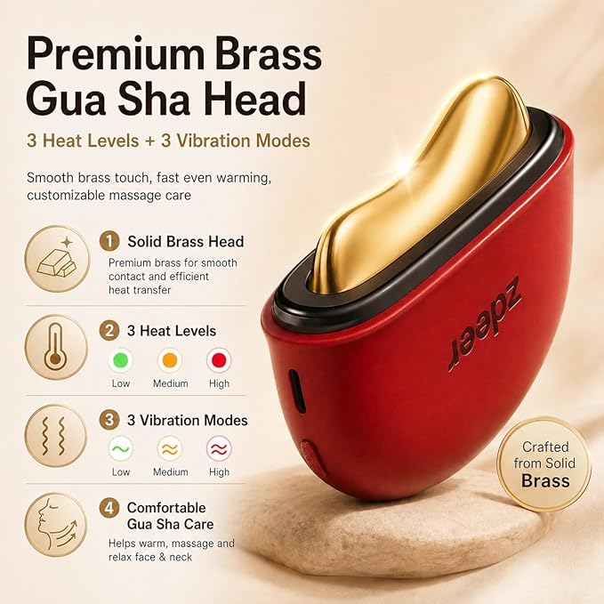 ZDEER Electric Gua Sha Facial Care Set – Heated Brass Face & Neck Massager with Red Light Therapy & Soothing Vibration, Includes 2 × 10ml Massage Oils for Face & Body Care