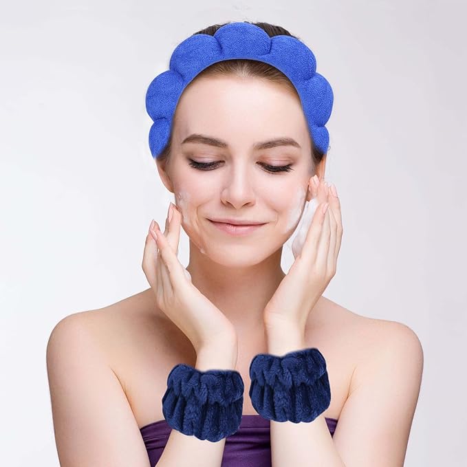 Beleki Spa Headband for Washing Face Wristband Set Sponge Makeup Skincare Face Washing Headband Terry Cloth Bubble Puffy Hairband Non Slip Headwear Hair Accessory for Women - Royal Blue