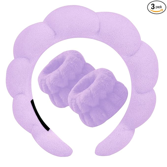 Beleki Spa Headband for Washing and Wristband Set Sponge Headband Women Face Wash Makeup Skincare Non Slip Puffy Headwear Thick Hair Accessories for Women Girls, Purple