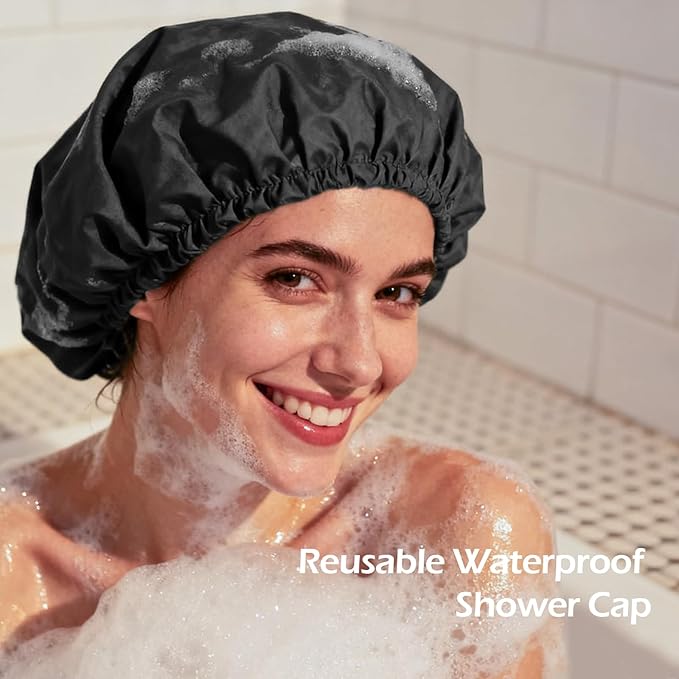 Shower Cap for Women Reusable Waterproof, Large Bath Cap with Elastic Band, Hair Caps for Long Hair and Braids, Black