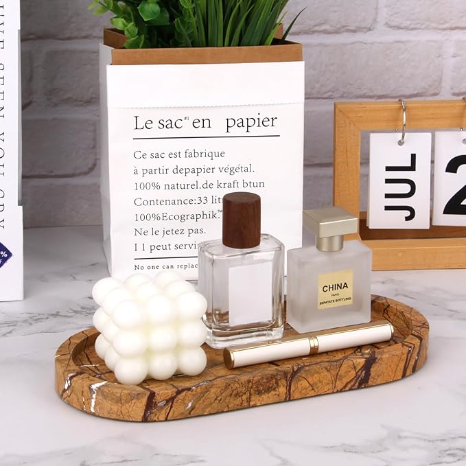Natural Marble Tray Oval, Bathroom Vanity Tray for Countertop, Elegant Stone Decorative Organizer for Perfume, Jewelry, Home Decor (1, Rainforest Brown, 10 x 5 x 0.6)