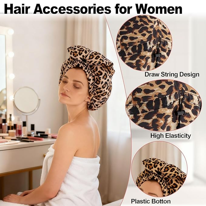 ELEBOX Extra Large Shower Cap for Braids/Curly Hair/Dreadlock | Reusable Waterproof Long Bonnets for Women Bath/Swim/Cooking/Cleaning/Spa | XL Bathing Cap with Adjustable Drawstring & Button, Leopard