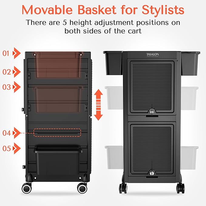 TASALON Professional Rolling Salon Cart, 6-Drawer Storage Trolley with Tool Holders, 33-Inch Height,Barber Shop Hairdressing Beauty Versatile Equipment Black