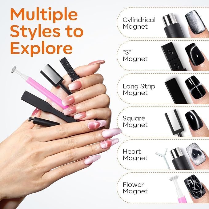 modelones Cat Eye Magnet Set, 15PCS French Cateye Gel Nail Polish Magnet Nail Art Tools Set Circle Magnet for Cat Eye Magnet Square Round Magnet Stick Diverse Glassy Cateye Effect for Mother’s Day