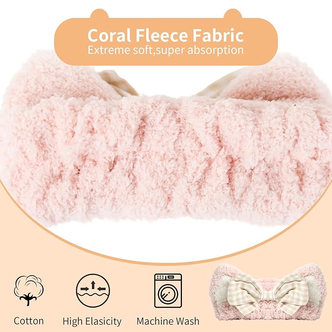 PERFECTSIGHT Kawaii Headband for Spa, Makeup, Washing Face, Party - 2 Pack Cute Cat Ear Hair Band for Shower Beauty Skincare, Soft Facial Headbands for Girls and Women (White+Pink Bow)