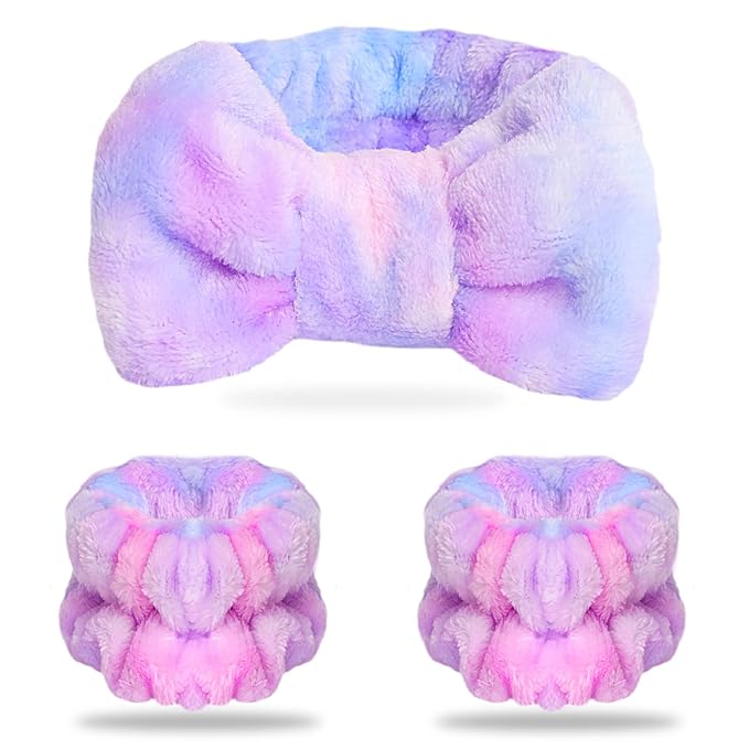 WSYUB Spa Headband and Matching Wrist Bands for Washing Face, Fuzzy Skincare Bow Headbands, Soft Facial Makeup Head Bands, Shower Hair Sleepover Party Supplies,Easter Basket Stuffers