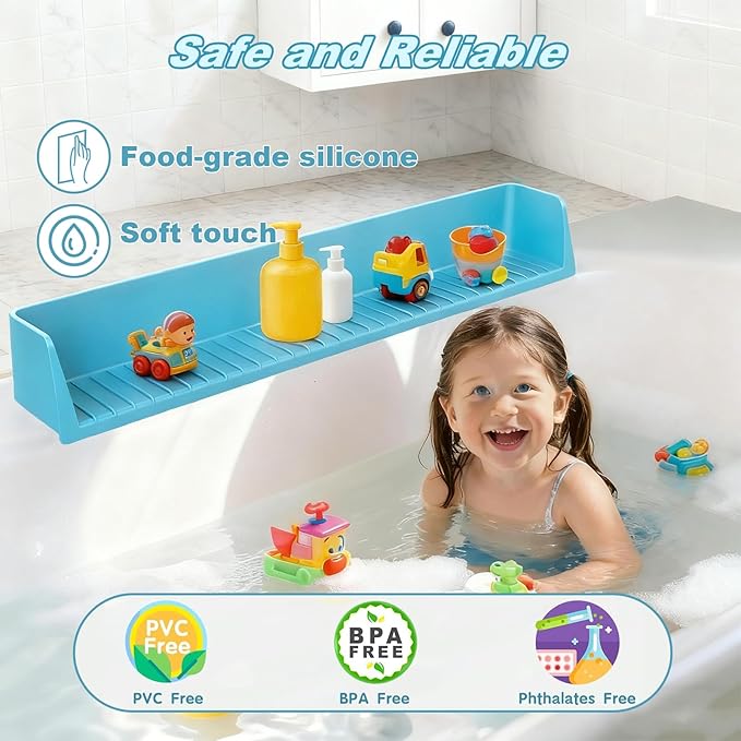 Bathtub Splash Guard for Kids,2.6 FT Silicone Bathtub Play Shelf with 11 Suction Cups, Bath Tub Ledge Shelf for Kids, Prevents Water Spills in Bathroom (Blue)