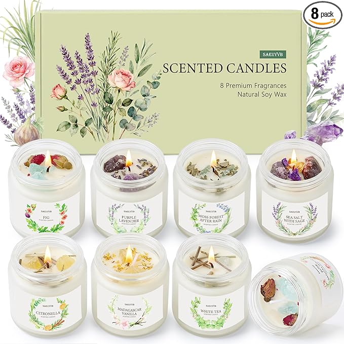 Scented Candles for Home,8 Pack Soy Candles Gift Set for Women,Aromatherapy Candle with Crystals Inside-Perfect for Mother's Day,Valentine's Day, Birthdays, Anniversaries,Christmas