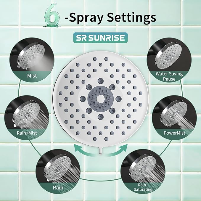 SR SUN RISE Filtered Shower Head with Filters- High Pressure Rain Shower Head,with 20-Stage shower Filter,1.8/2.5 GPM Flow Rate,6 Spray Modes for Hard Water Softener,Remove Chlorine (Chrome,5.5 Inch)
