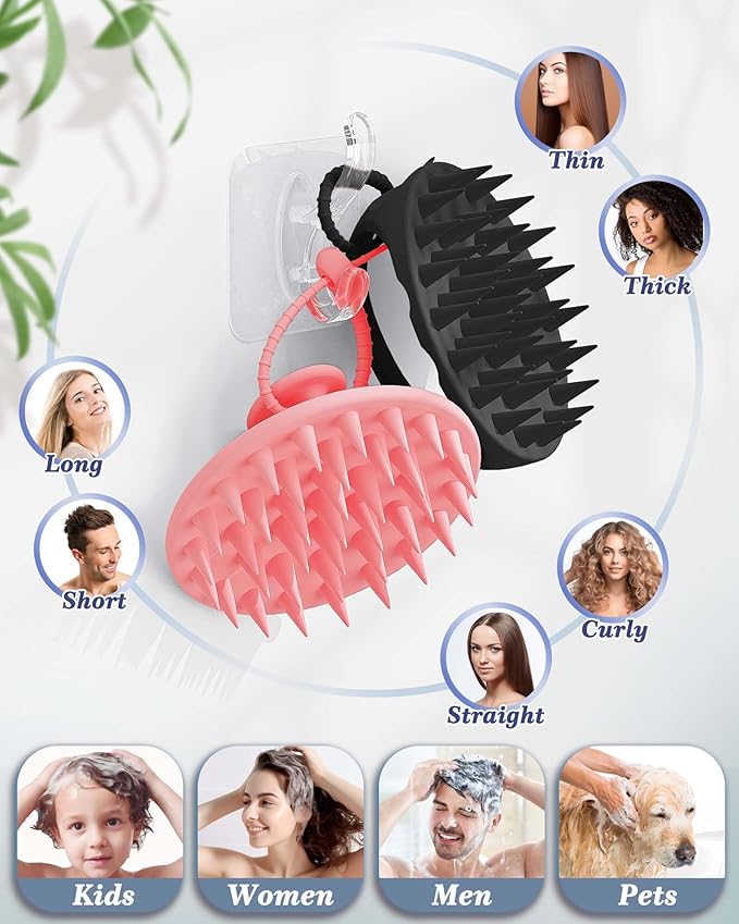 Manmihealth Large Hair Scalp Scrubber, One-piece Silicone Scalp Massager for Wet Dry, Long Bristles Shampoo Brush for Dandruff Removal and Hair Growth with Free Strap&Hook.(Pink+Black)