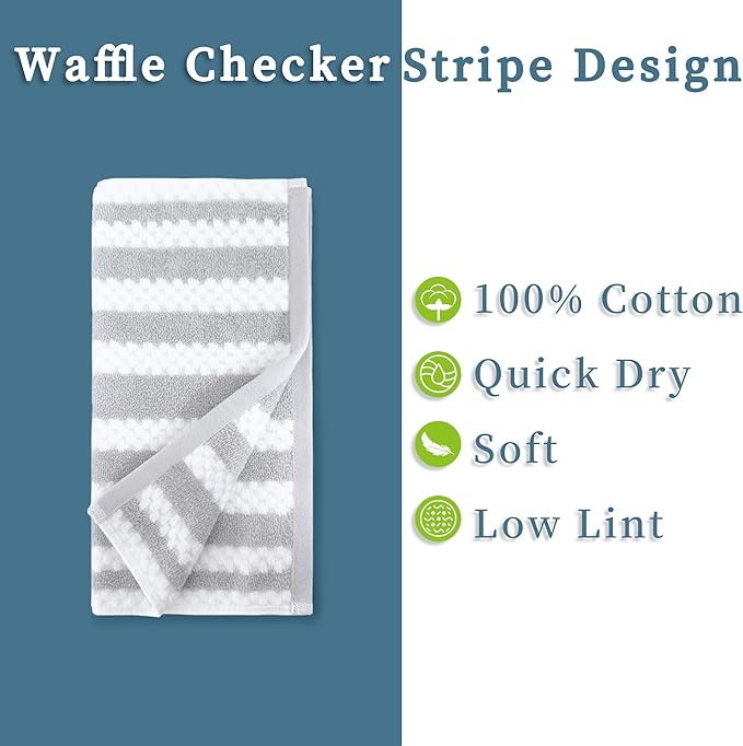 Striped Washcloths for Bathroom (6 Pack, 13"x13") - 100% Cotton | Quick Dry | Thick | Soft | Absorbent, Waffle Wash Cloths for Showering, Grey Decorative Face Towel Set, Gray Stripe and White Checker