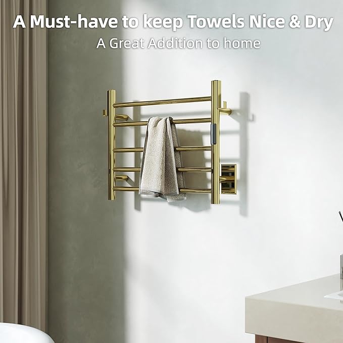 P&Dlusir Towel Warmer, Heated Towel Rack with Smart Timer and Thermo Control, Wall-Mounted Heated Towel Rail, Stainless Steel, Hard-Wired/Plug-in, Polished Gold, 5 bar
