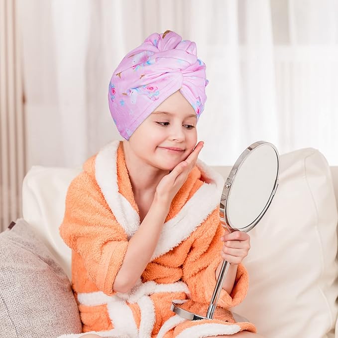 FIOBEE Microfiber Hair Towel Wrap for Kids Rapid Drying Turbans for Wet Hair with Button Women & Girls Long, Curly Hair Pack of 2, Pink